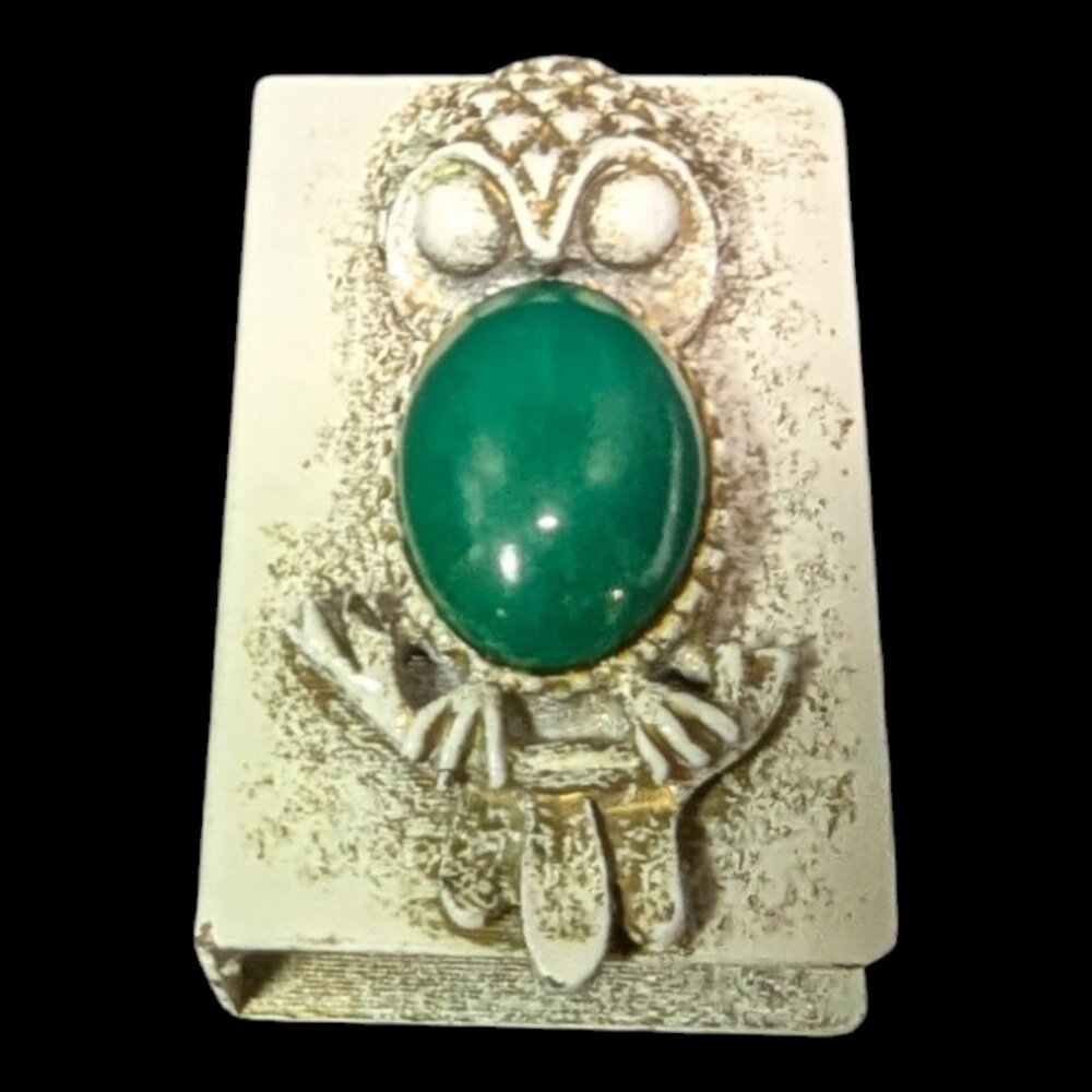 Vintage Swedish Owl Matchbox Holder With Green Gemstone Inlay Unique Collectible